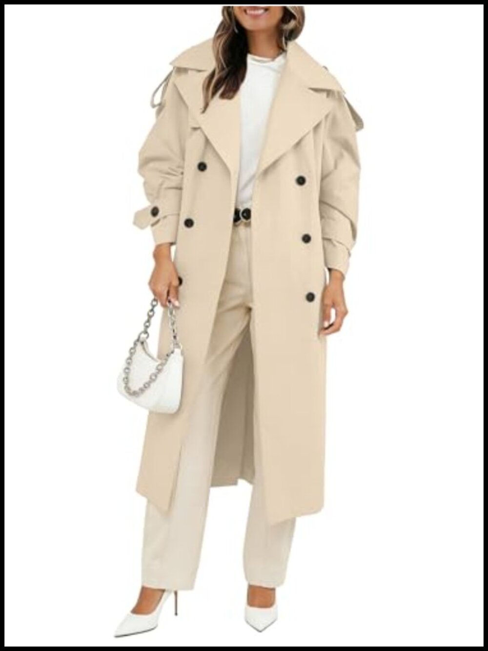 Oversized Long Trench Coat with Belt, Double Breasted, 100% Polyester,